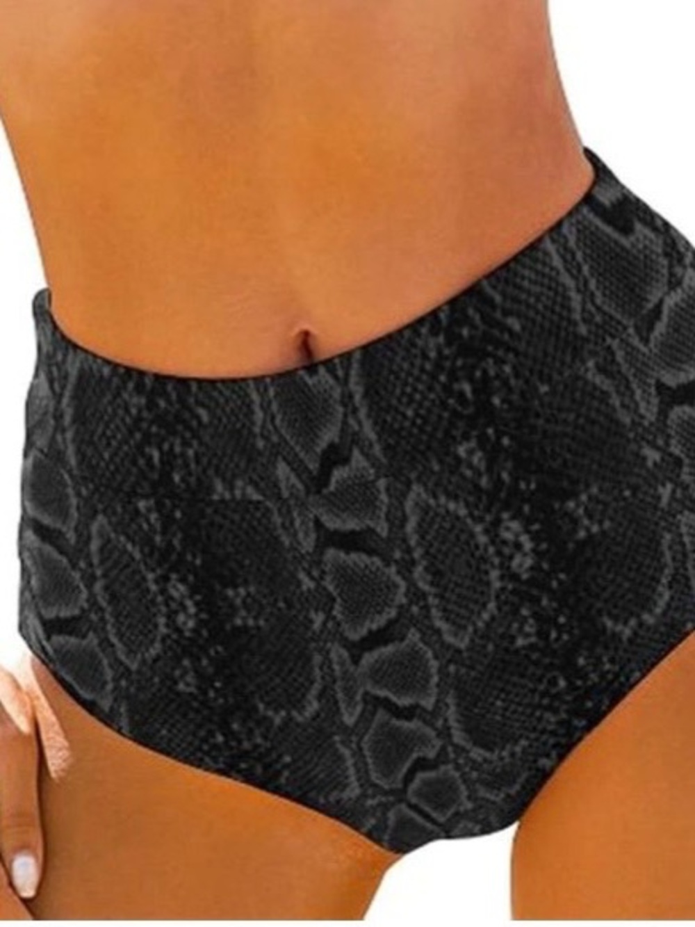 High-Waist Snake Print Bikini Bottoms - Black
